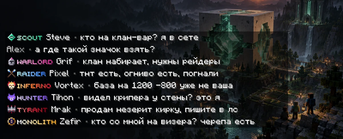 Чат Minecraft: значок и название ранга малыми прописными буквами перед ником